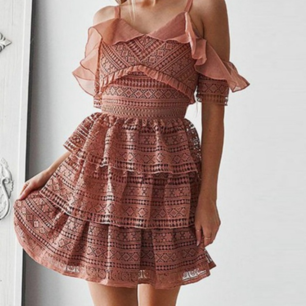 Reformation Two Sisters Melinda Dress Dusty Rose Pink Lace Ruffle Mini Size 6